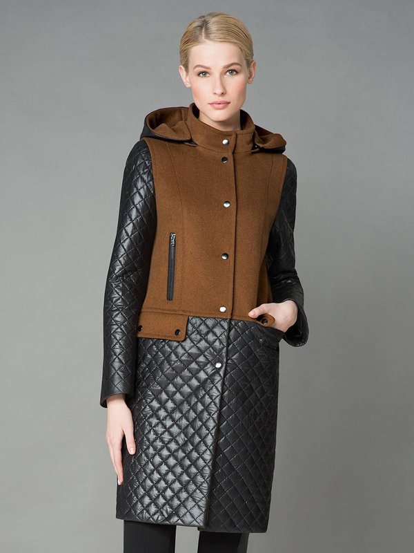 Palton maro și negru, cu glugă și accente matlasate