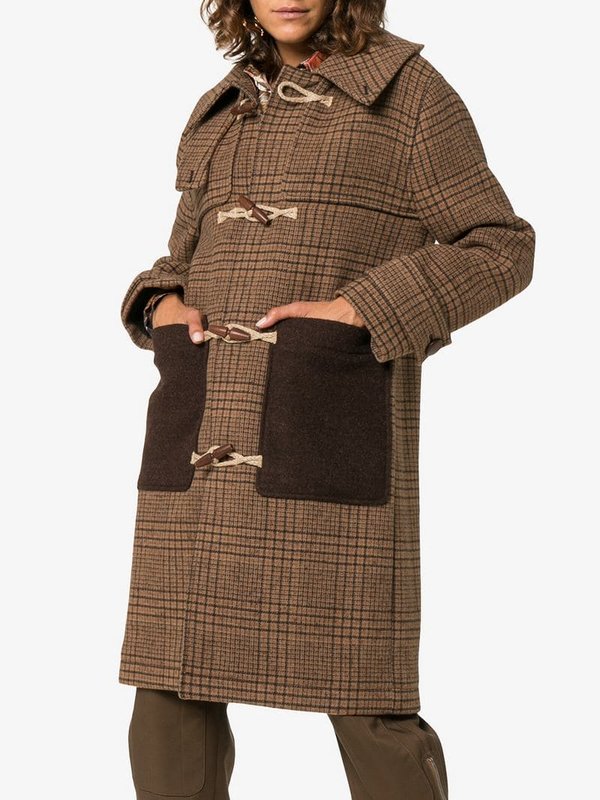 Duffle-coat à carreaux en tweed brun