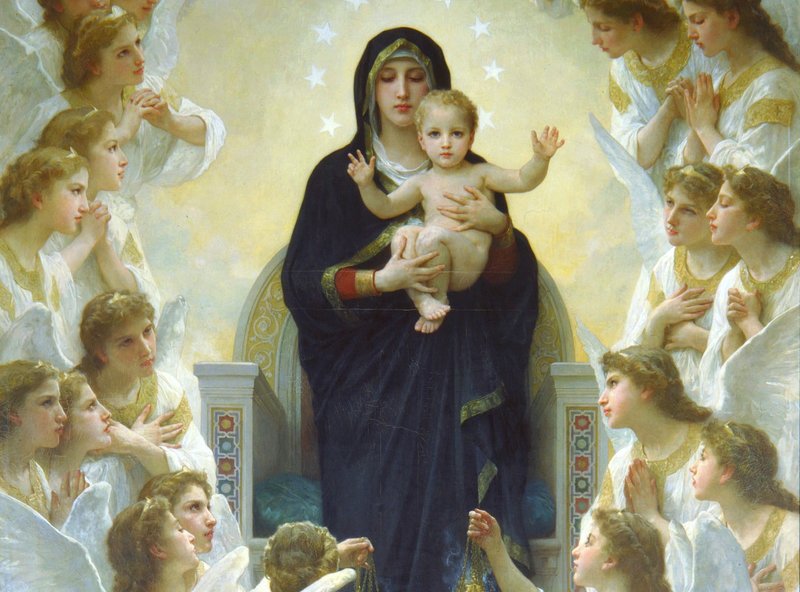 Micul Iisus în brațele mamei lui Dumnezeu înconjurat de apostoli