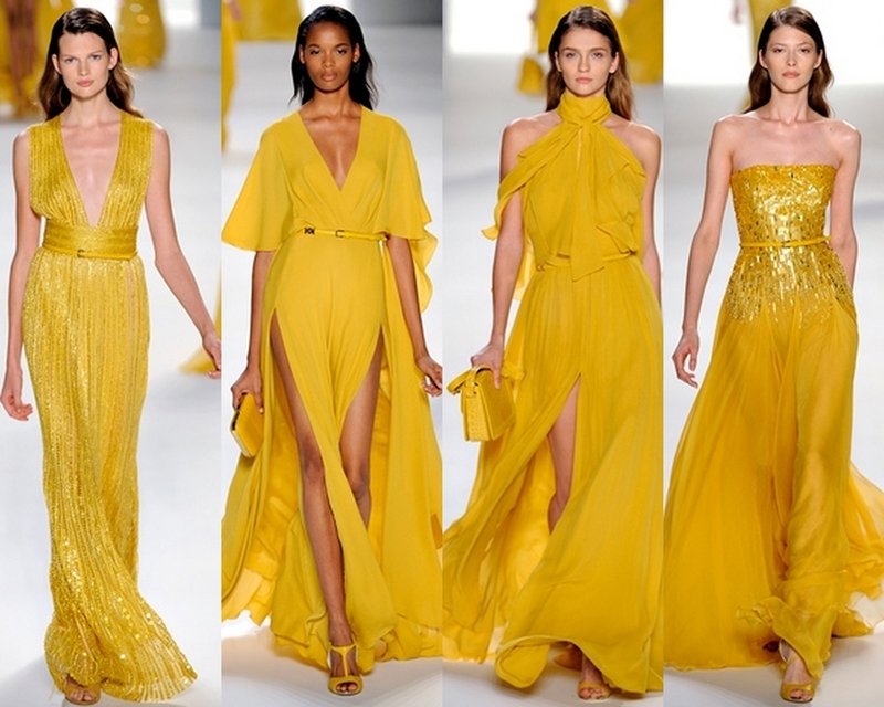 Et utvalg kjoler i gule farger