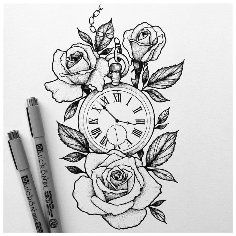Esquisse d'un tatouage avec une horloge et des roses
