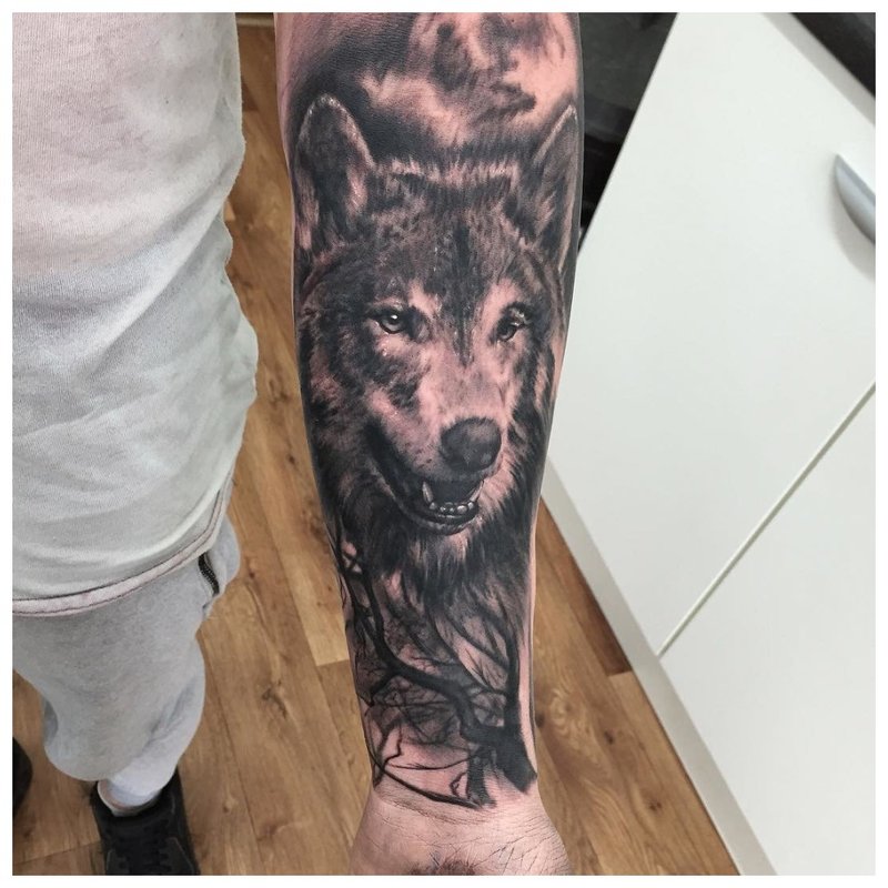 Deschide gura unui lup - tatuează pe mâna unui bărbat