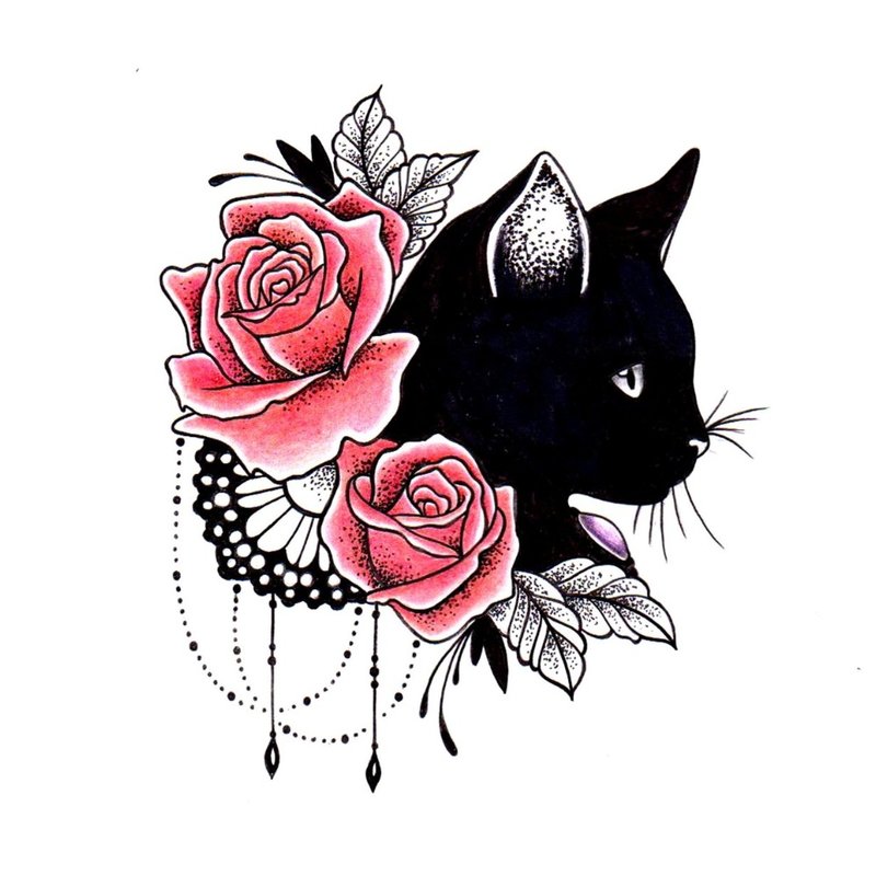Croquis couleur chat avec des roses