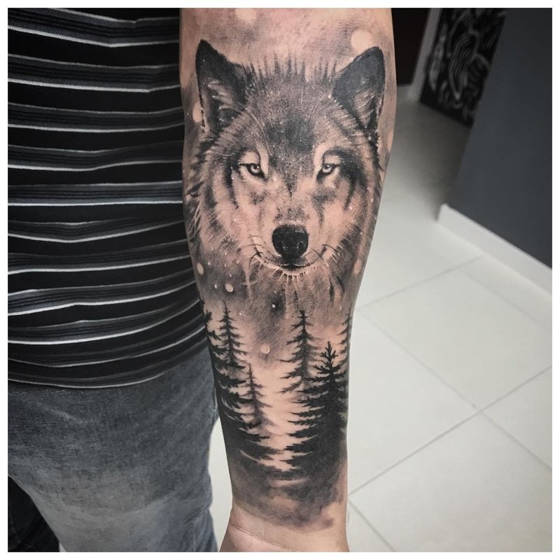 Lupul în pădure - tatuaj pe brațul unui bărbat
