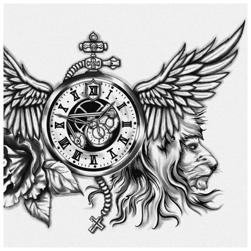 Schets van een tatoeage met een leeuw en een klok.