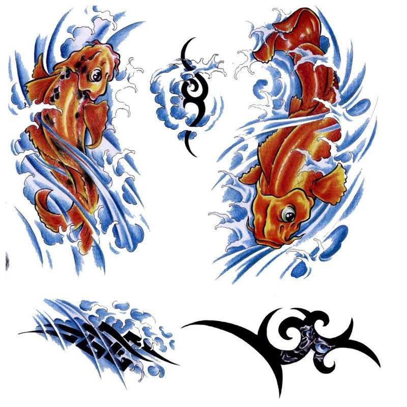 Croquis de tatouages ​​colorés avec du poisson