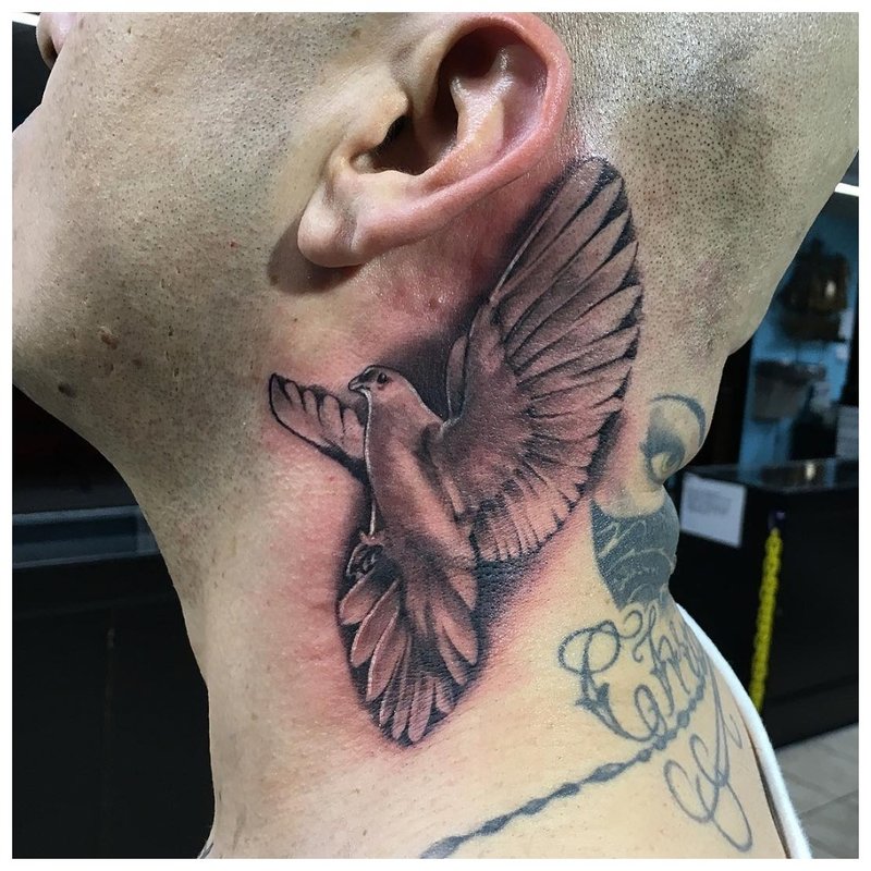 Tatouage d'un oiseau sur le cou d'un homme